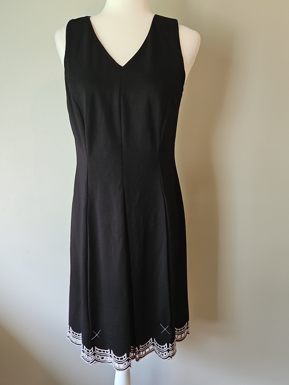 Talbots Black V-Neck Midi Dress with White Scalloped Hem